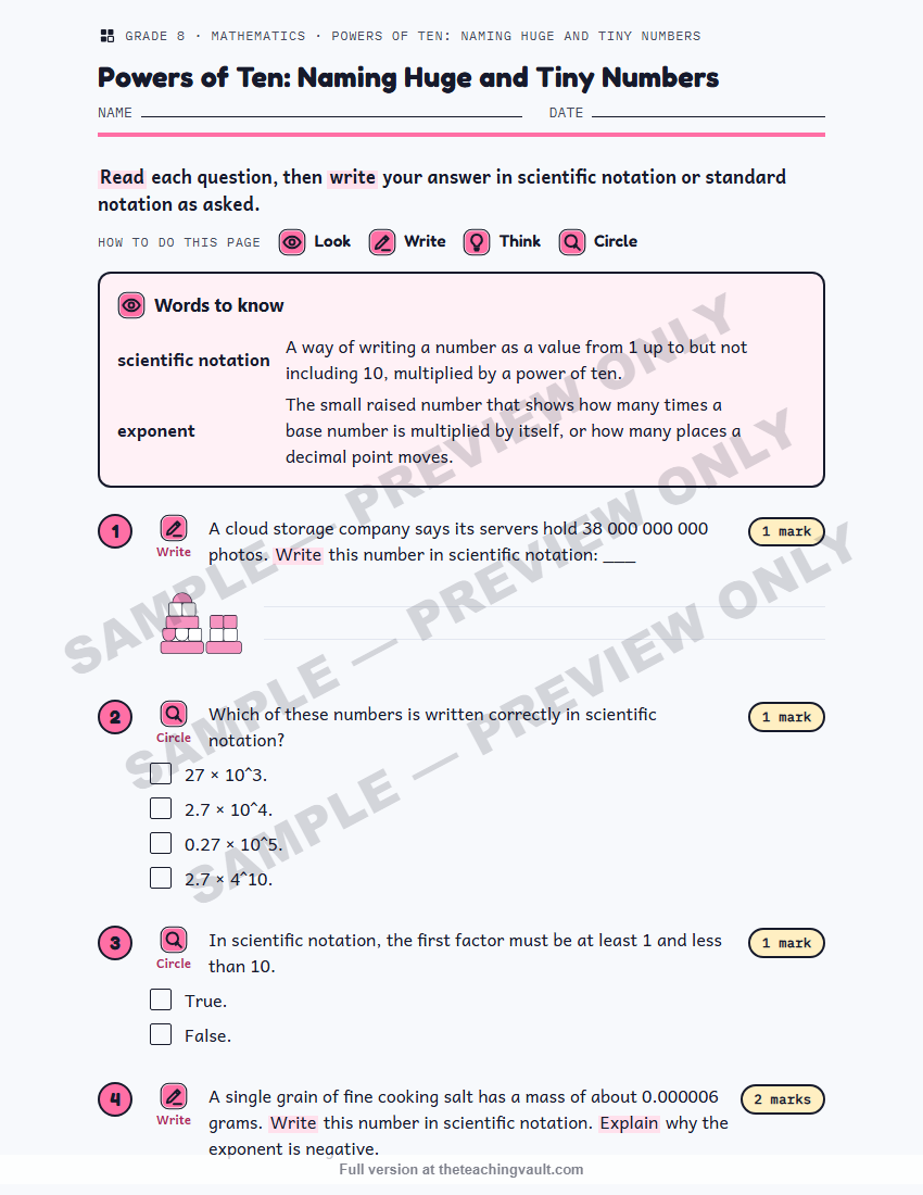 Sample preview: worksheet page (watermarked, low-resolution) — Grade 8 Mathematics, All Units