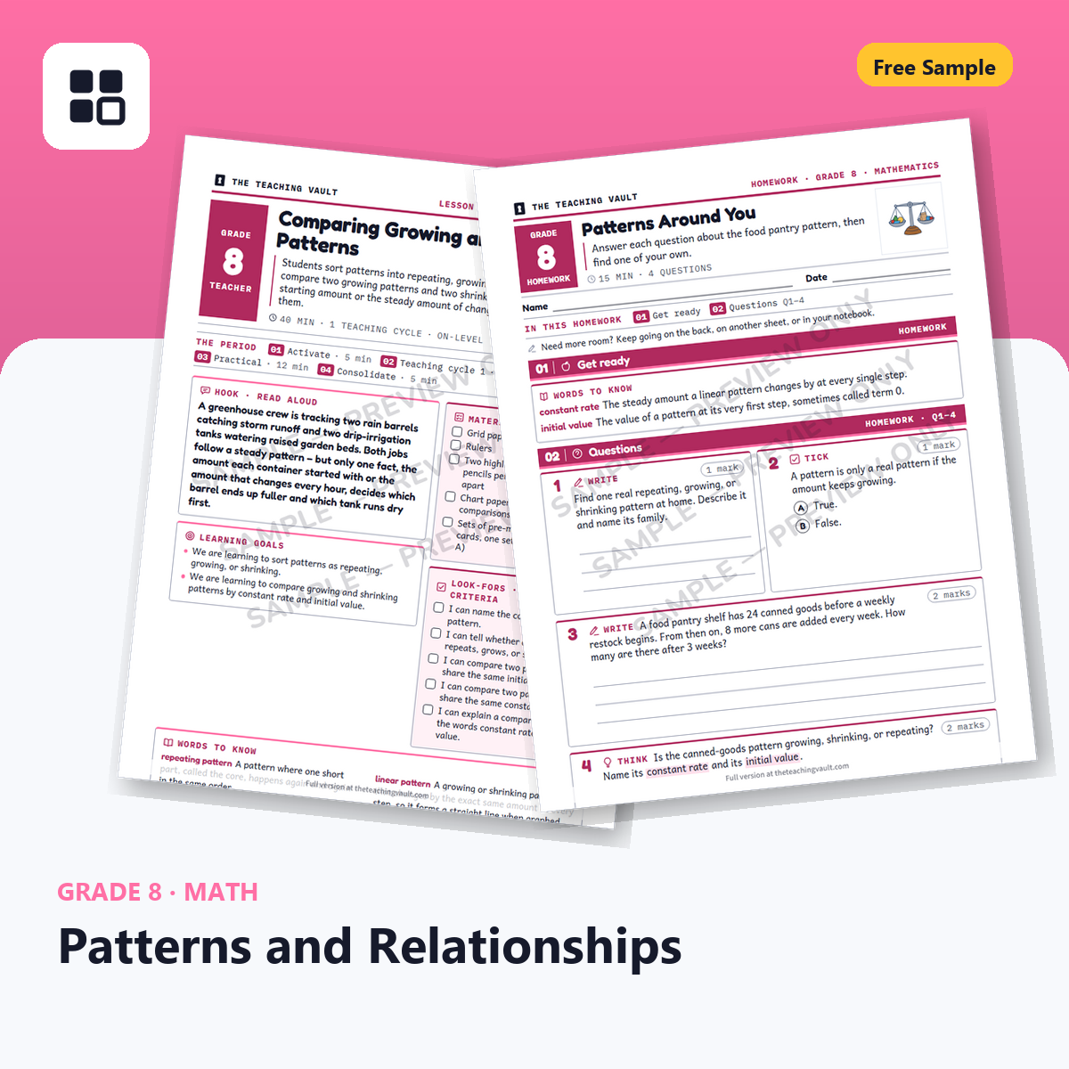 Grade 8 Patterns and Relationships Free Sample cover