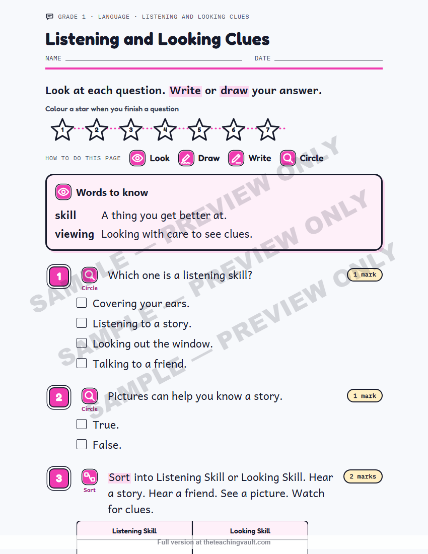 Sample preview: worksheet page (watermarked, low-resolution) — Grade 1 Language, All Units