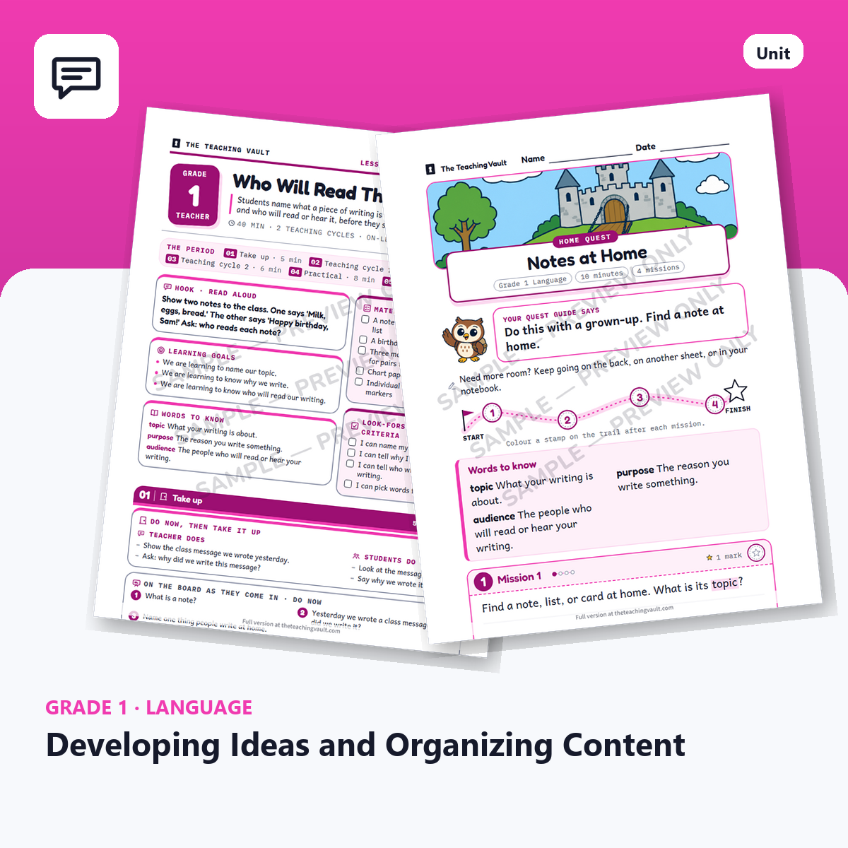 Grade 1 Developing Ideas and Organizing Content — Full Unit (Unit 10 of 12) cover