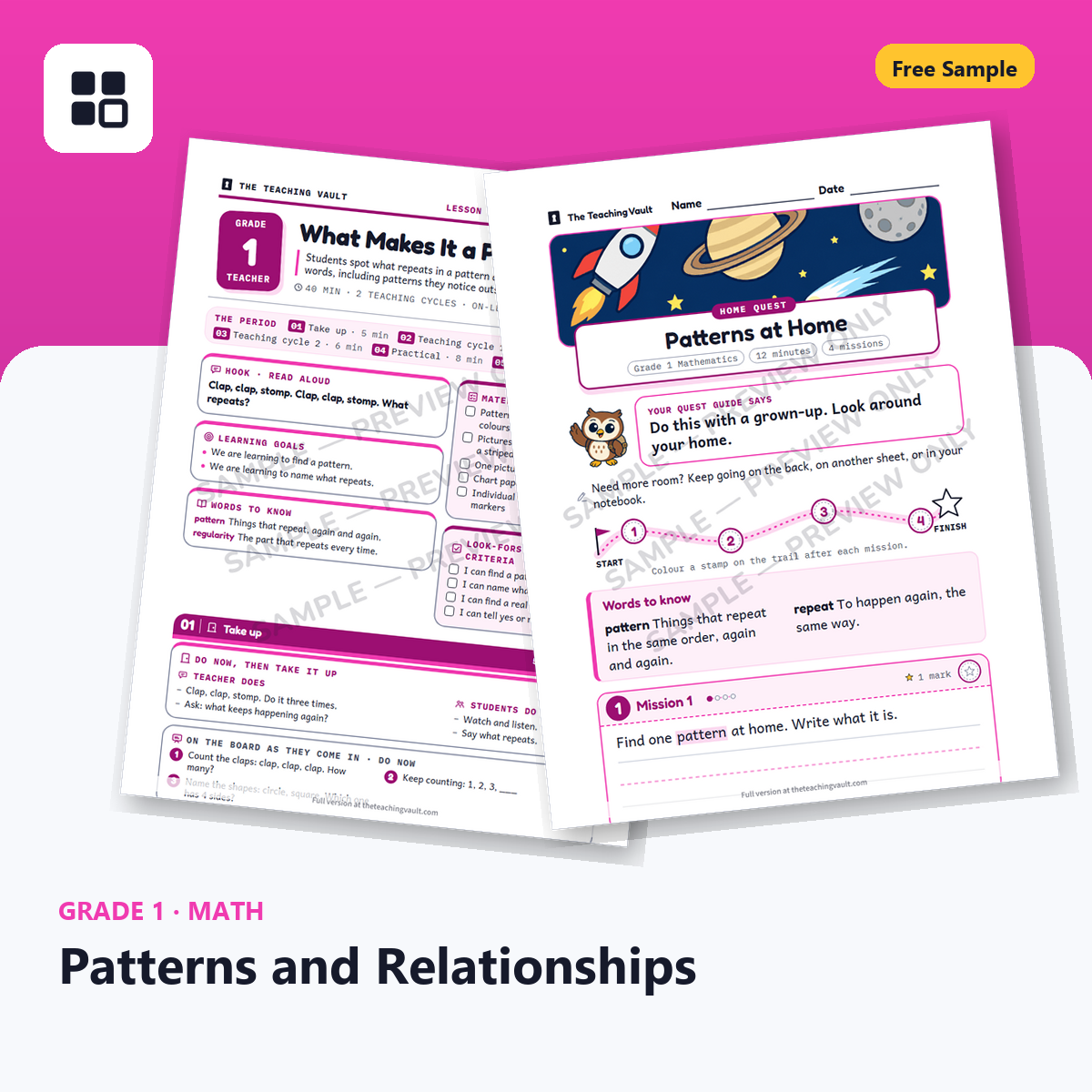 Grade 1 Patterns and Relationships Free Sample cover