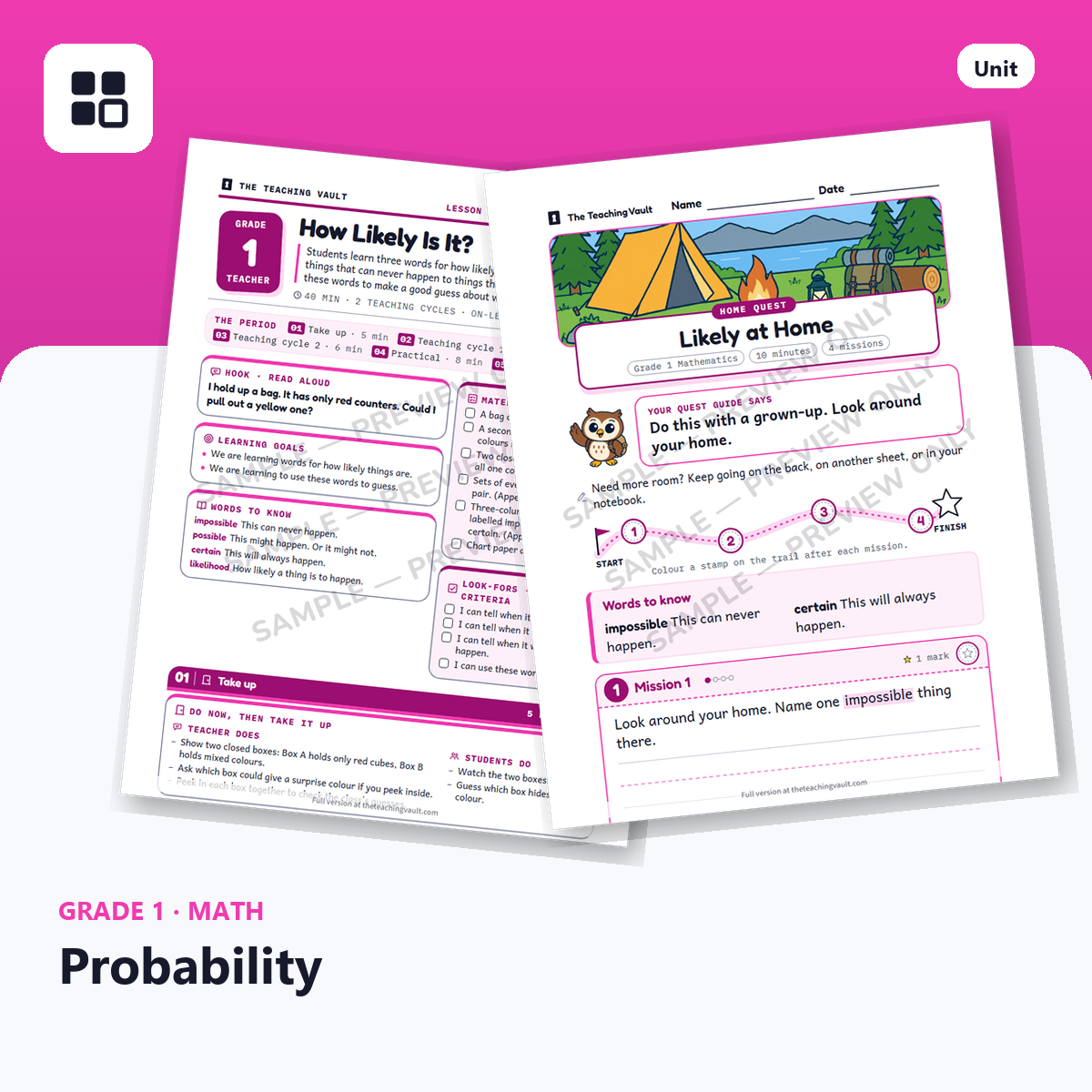 Grade 1 Probability cover: two sample pages fanned out