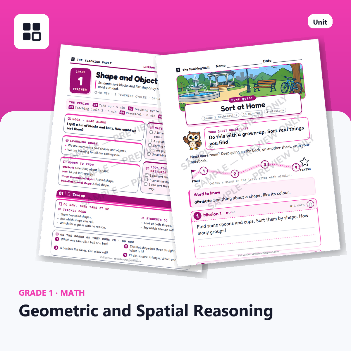 Grade 1 Geometric and Spatial Reasoning cover: two sample pages fanned out