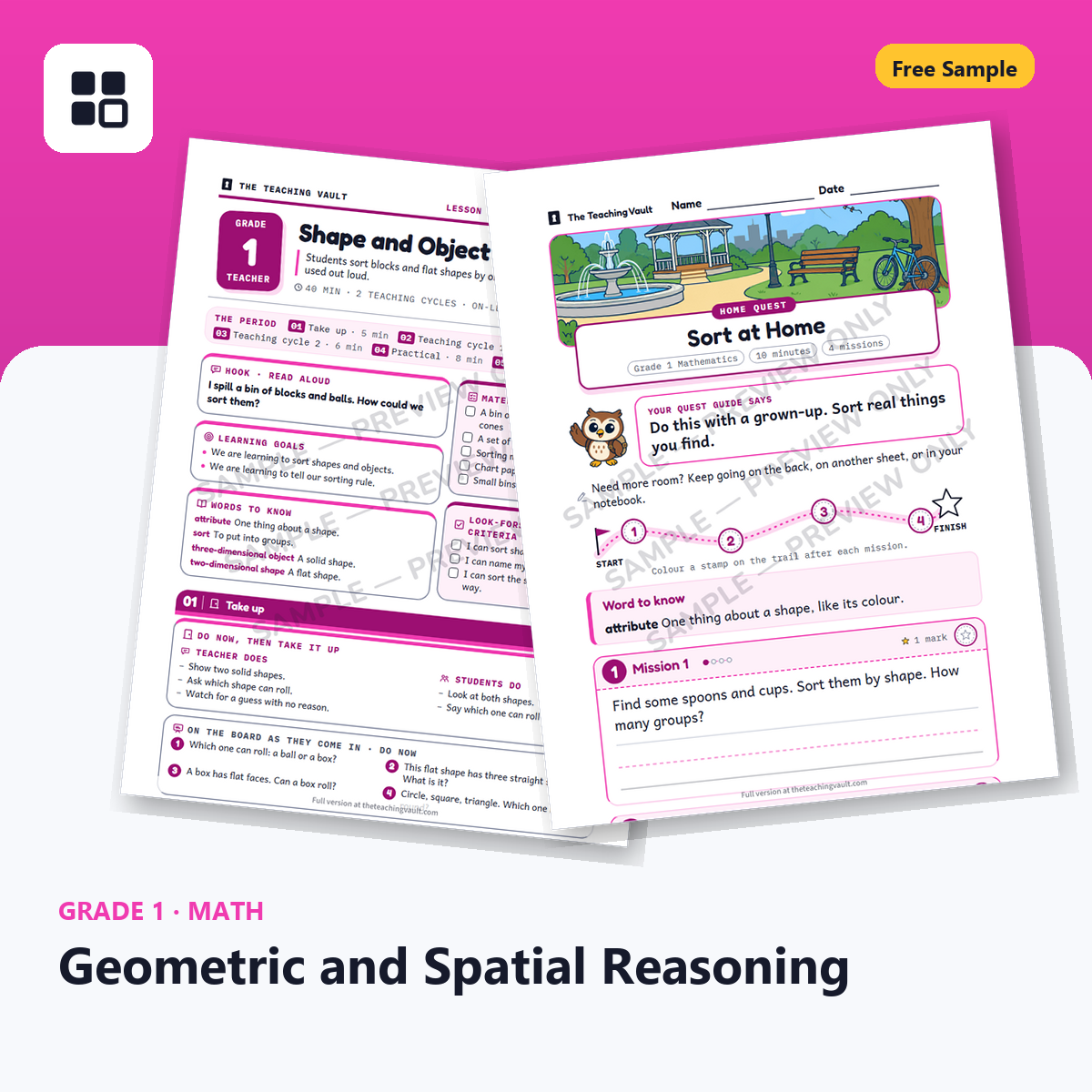 Grade 1 Geometric and Spatial Reasoning Free Sample cover