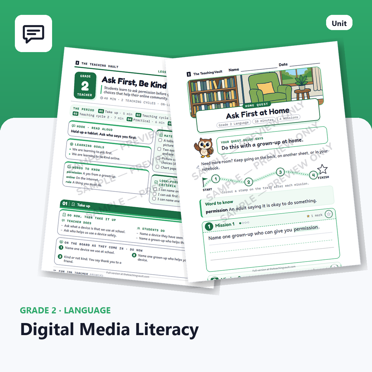 Grade 2 Language Digital Media Literacy unit cover: lesson plans, worksheets and homework