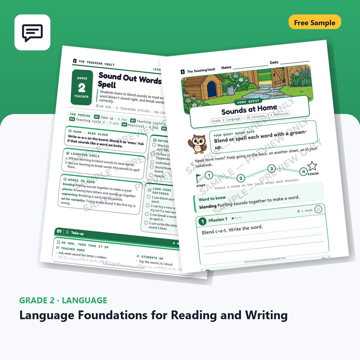 Free Grade 2 Language Foundations for Reading and Writing lesson sample cover