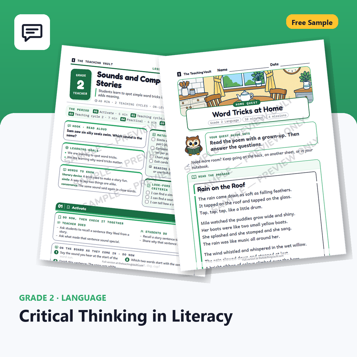 Grade 2 Critical Thinking In Literacy Free Sample cover