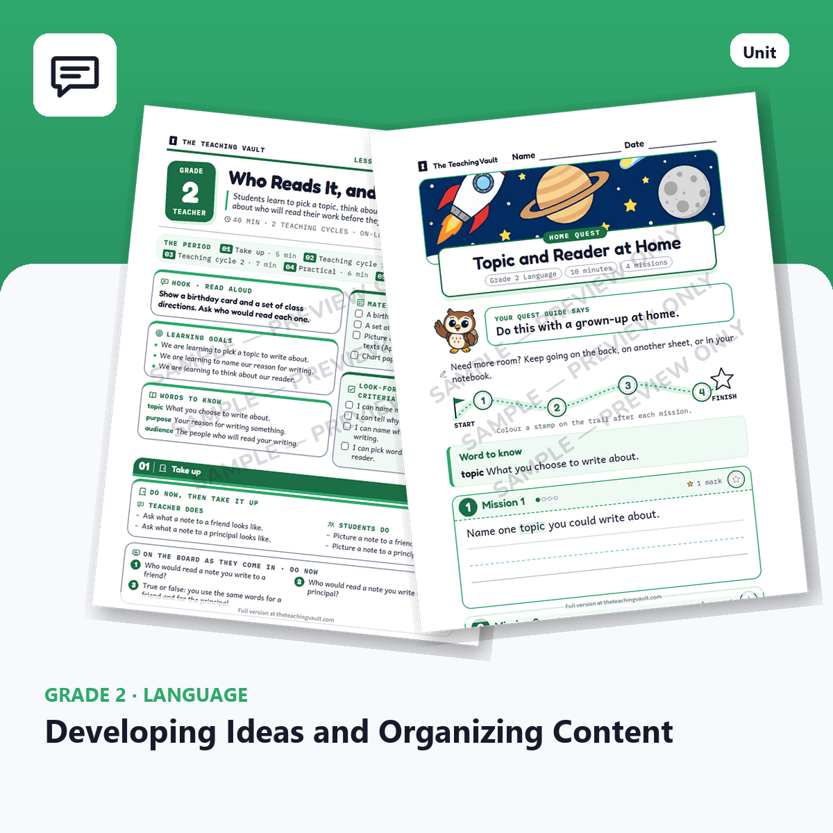 Grade 2 Language Developing Ideas and Organizing Content unit cover: lesson plans, worksheets and homework