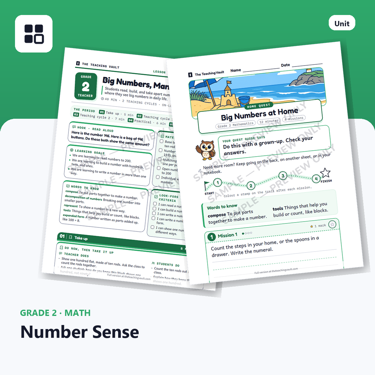 Grade 2 Number Sense cover: two sample pages fanned out
