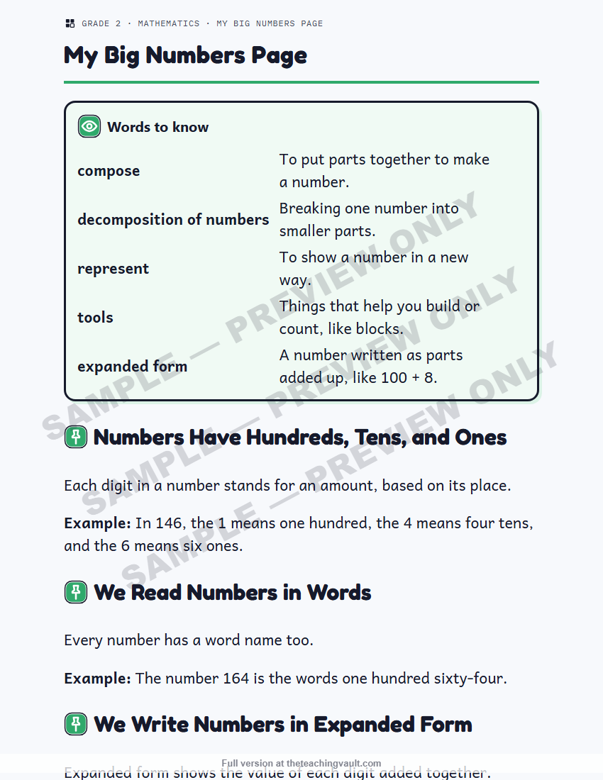 Sample preview: handout page (watermarked, low-resolution) — Grade 2 Mathematics, All Units