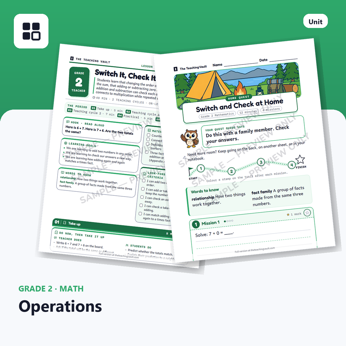 Grade 2 Operations cover: two sample pages fanned out