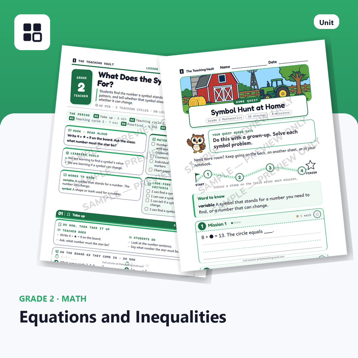 Grade 2 Equations cover: two sample pages fanned out