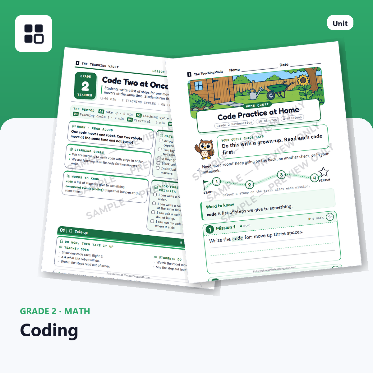 Grade 2 Coding cover: two sample pages fanned out