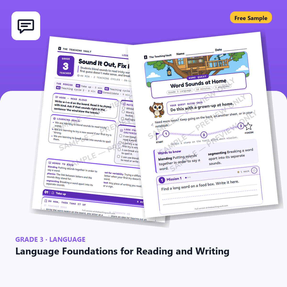 Free Grade 3 Language Foundations for Reading and Writing lesson sample cover