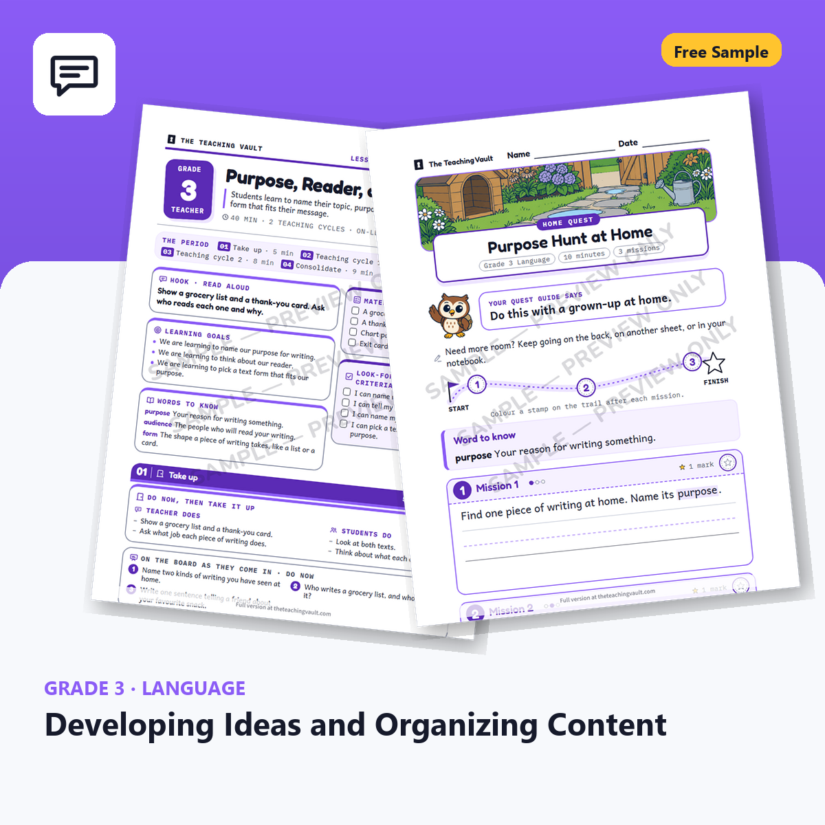 Free Grade 3 Language Developing Ideas and Organizing Content lesson sample cover