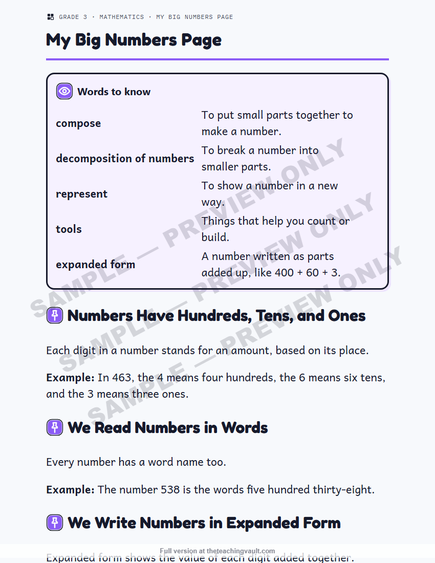 Sample preview: handout page (watermarked, low-resolution) — Grade 3 Mathematics, All Units