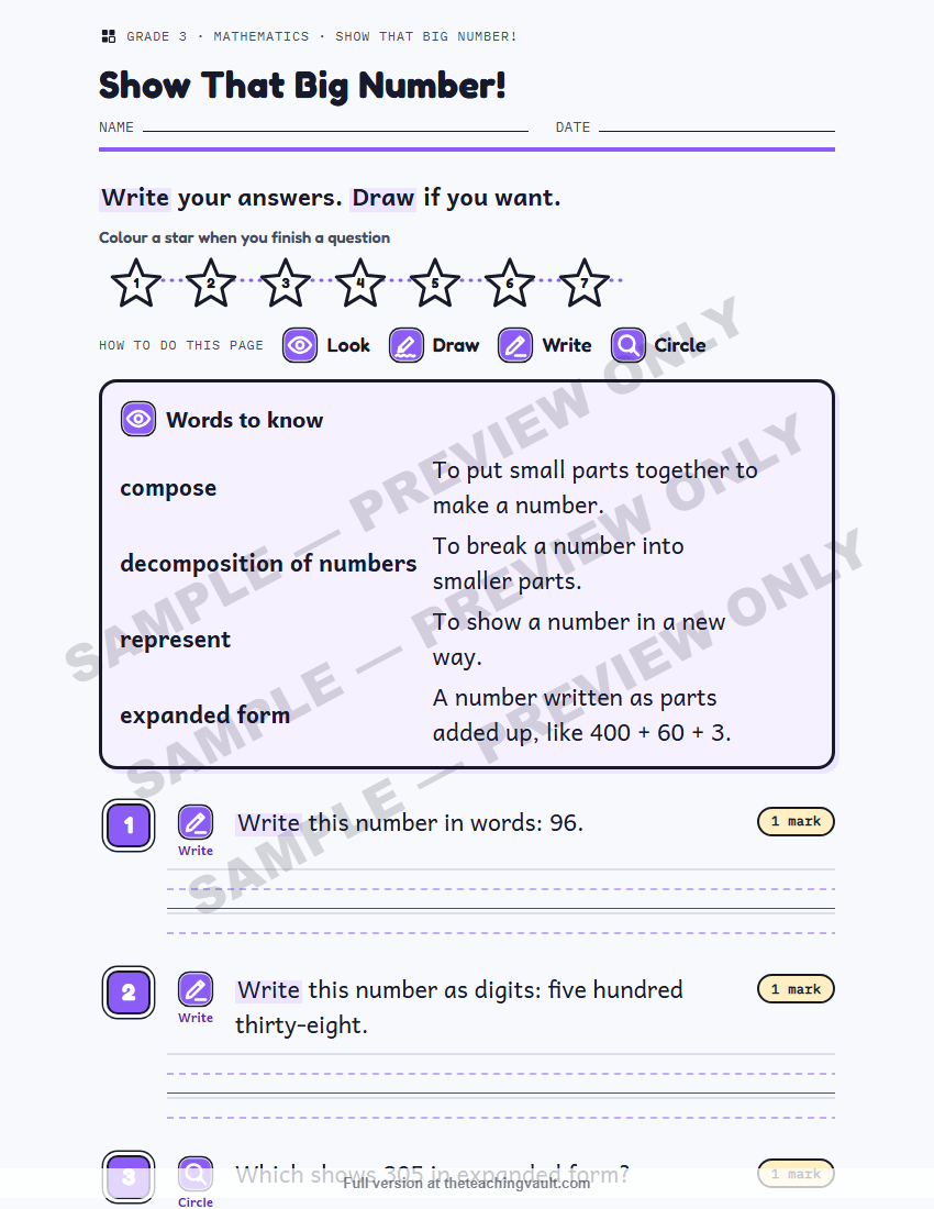 Sample preview: worksheet page (watermarked, low-resolution) — Grade 3 Mathematics, All Units