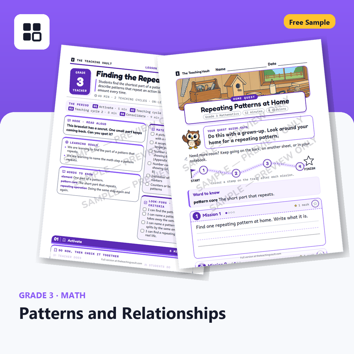 Grade 3 Patterns and Relationships Free Sample cover