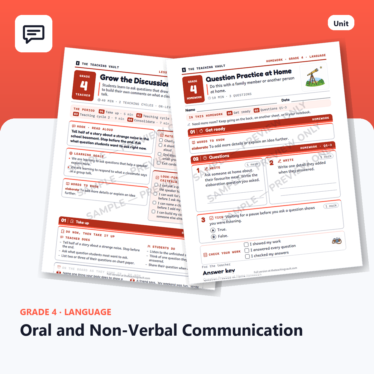 Grade 4 Oral and Non-Verbal Communication — Full Unit (Unit 4 of 12) cover
