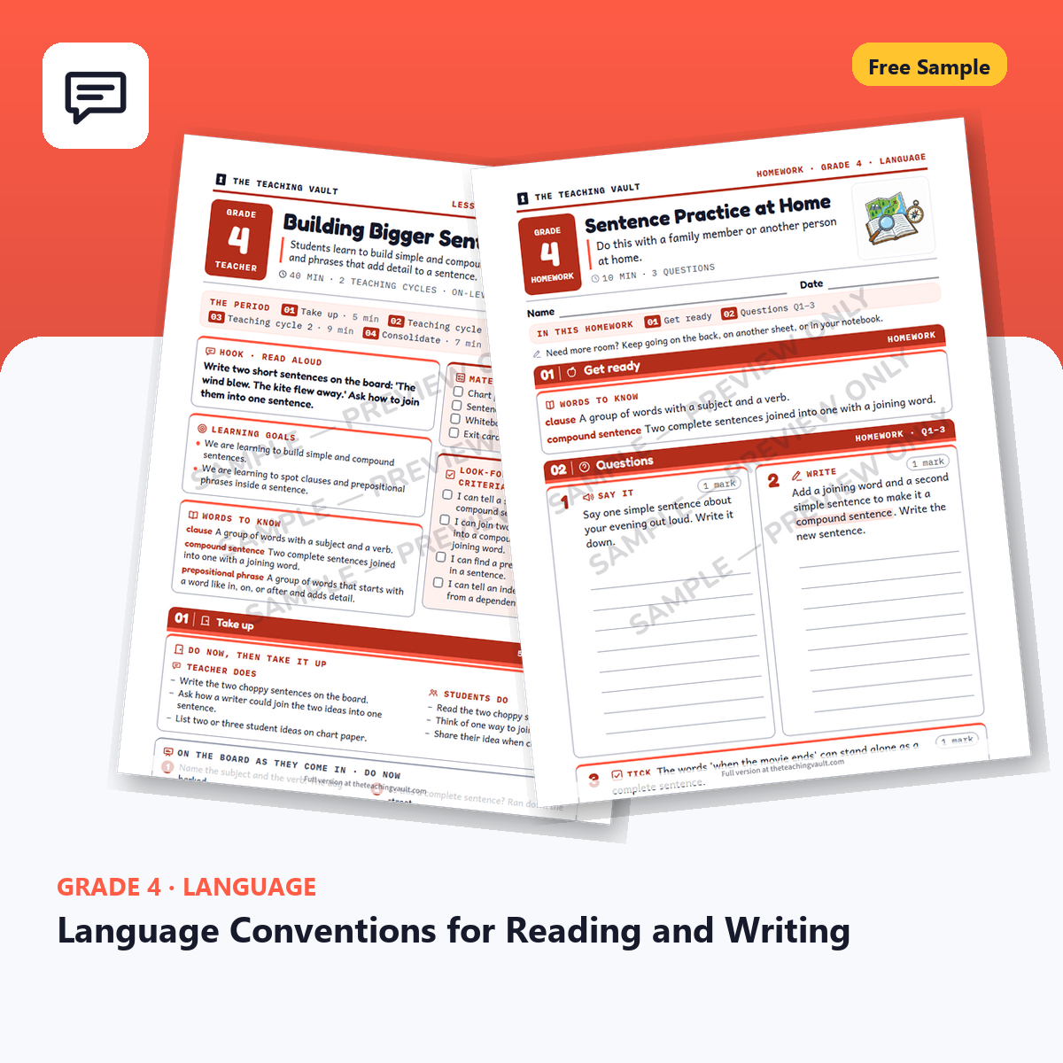 Free Grade 4 Language Conventions for Reading and Writing lesson sample cover