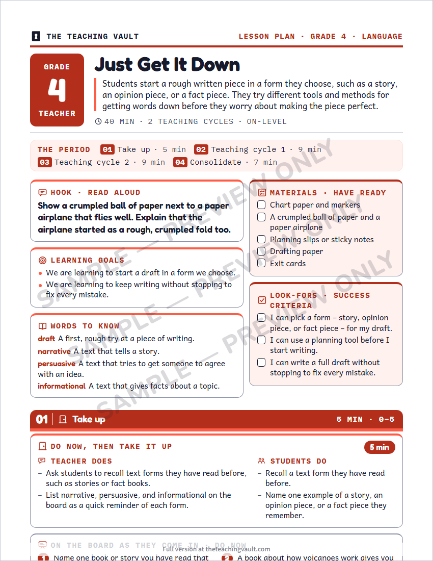 Sample lesson plan page