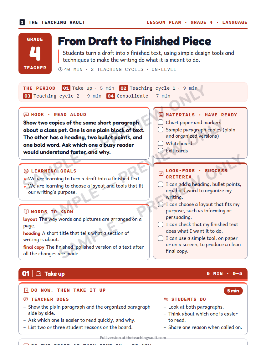 Sample lesson plan page