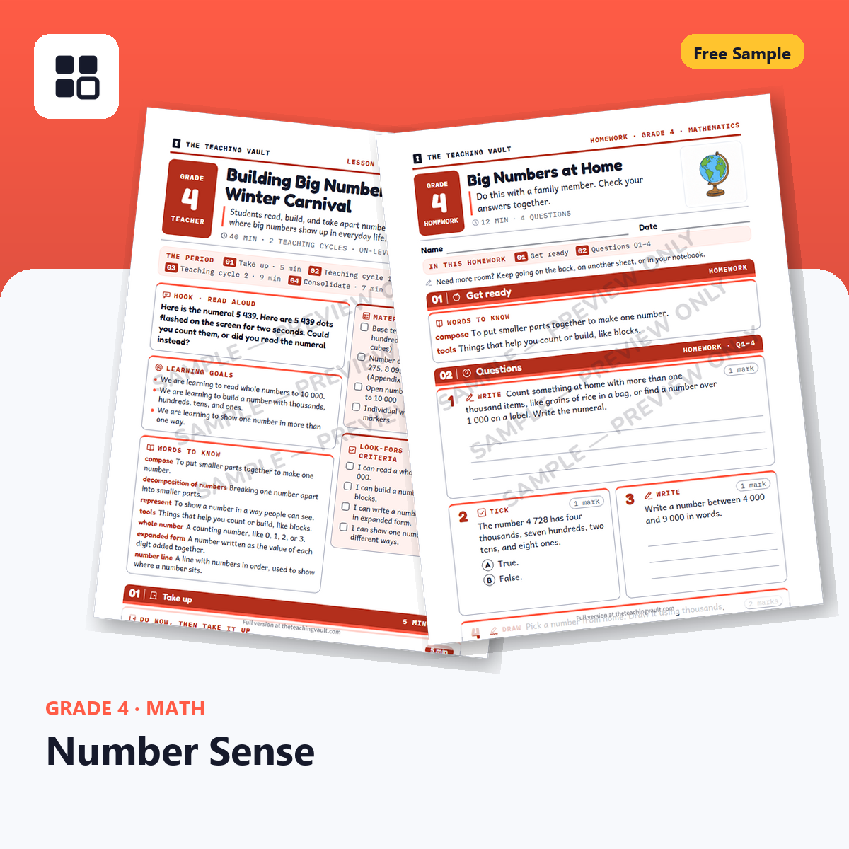 Grade 4 Number Sense Free Sample cover