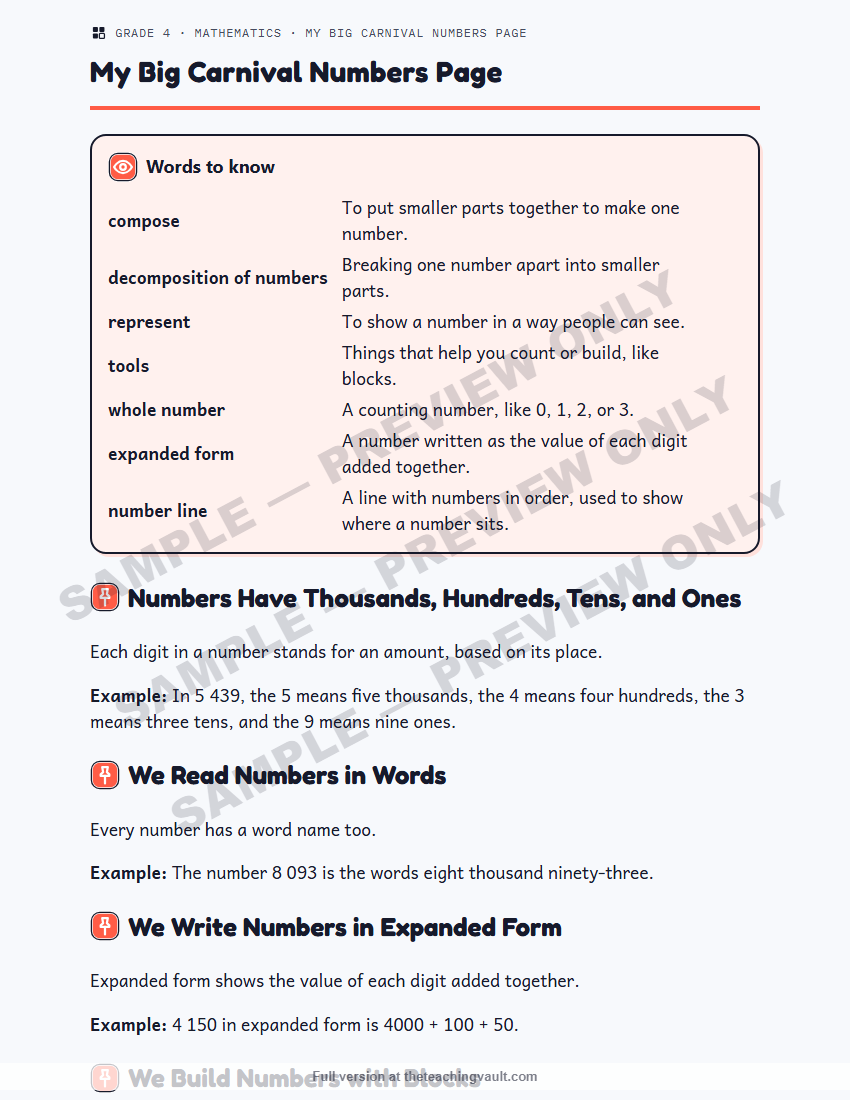 Sample preview: handout page (watermarked, low-resolution) — Grade 4 Mathematics, All Units