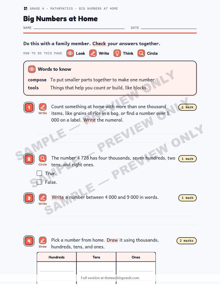 Sample preview: homework page (watermarked, low-resolution) — Grade 4 Mathematics, All Units