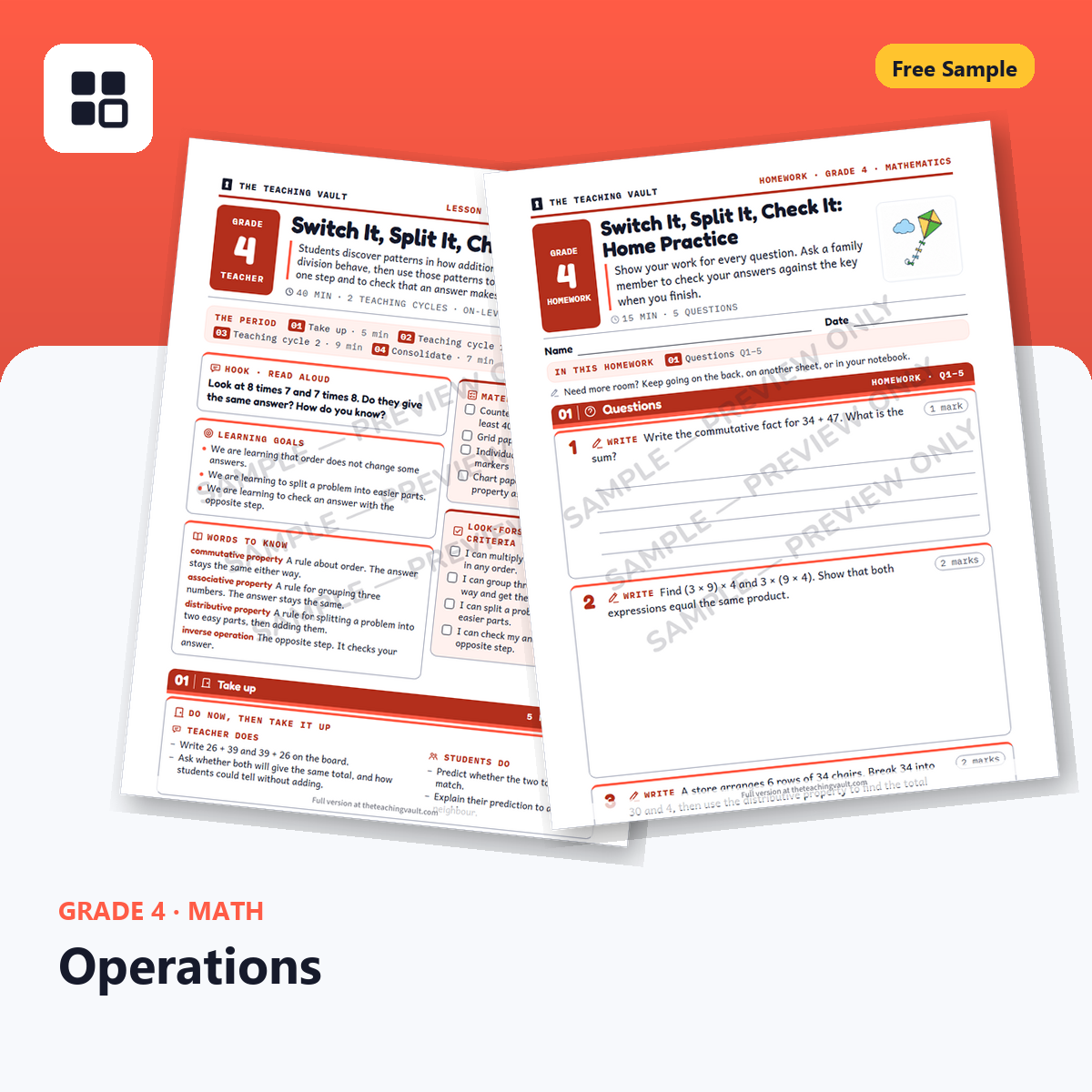 Grade 4 Operations Free Sample cover