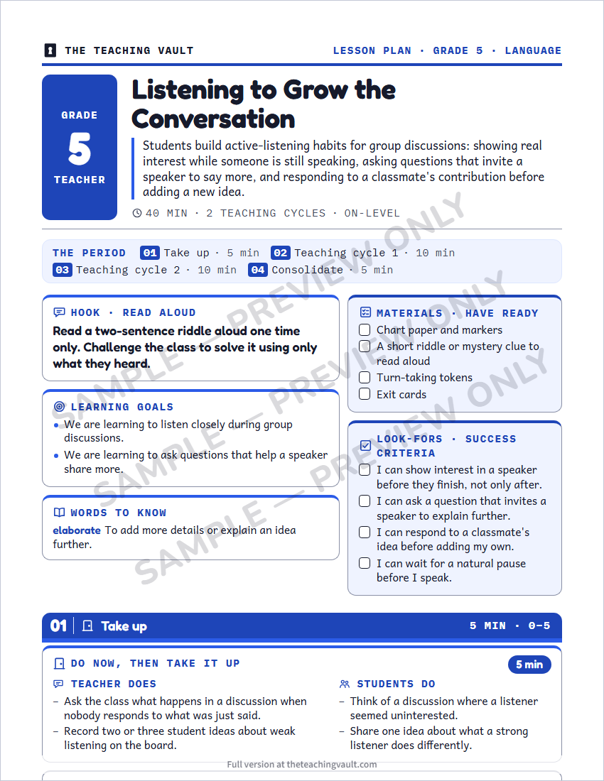 Sample lesson plan page