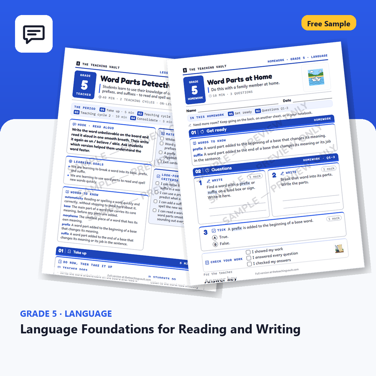 Free Grade 5 Language Foundations for Reading and Writing lesson sample cover