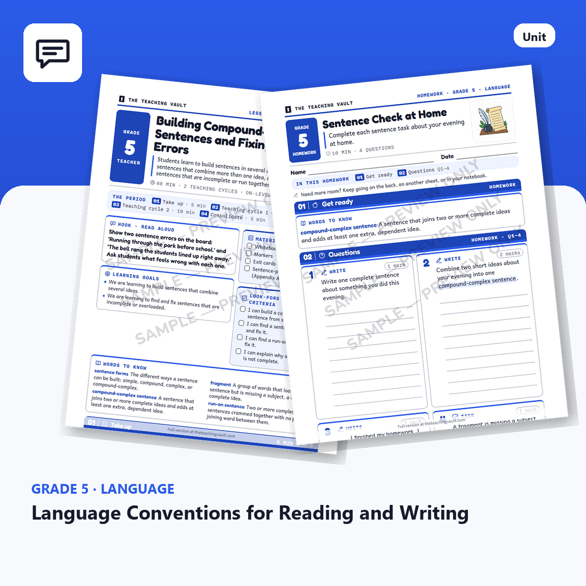 Grade 5 Language Conventions for Reading and Writing — Full Unit (Unit 6 of 12) cover