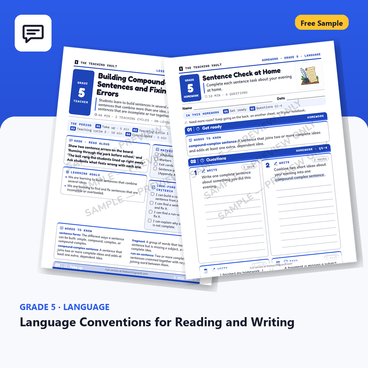 Free Grade 5 Language Conventions for Reading and Writing lesson sample cover