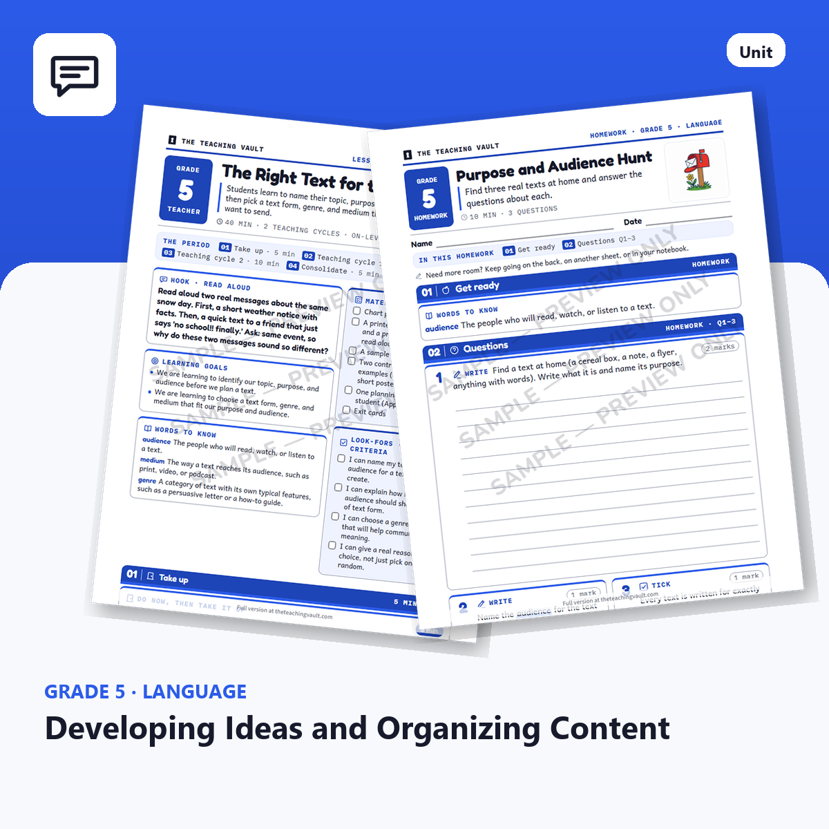 Grade 5 Developing Ideas and Organizing Content — Full Unit (Unit 10 of 12) cover