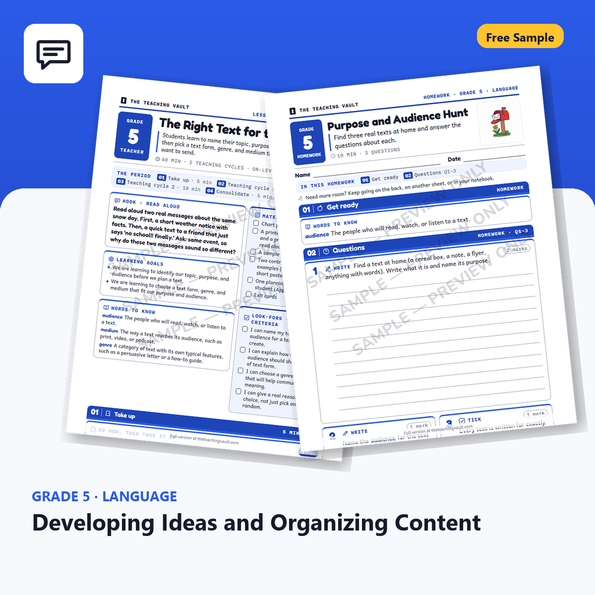 Free Grade 5 Language Developing Ideas and Organizing Content lesson sample cover