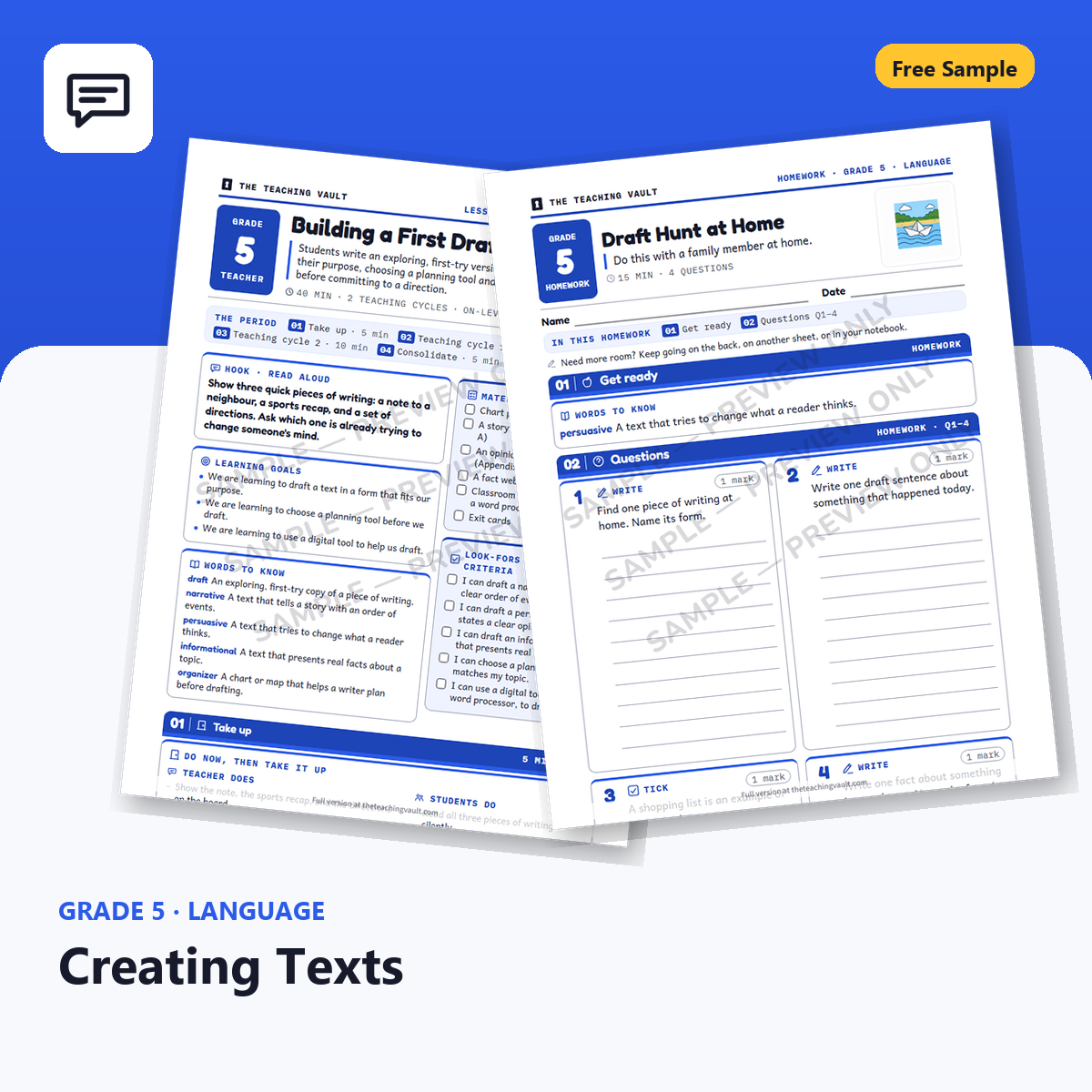 Free Grade 5 Language Creating Texts lesson sample cover