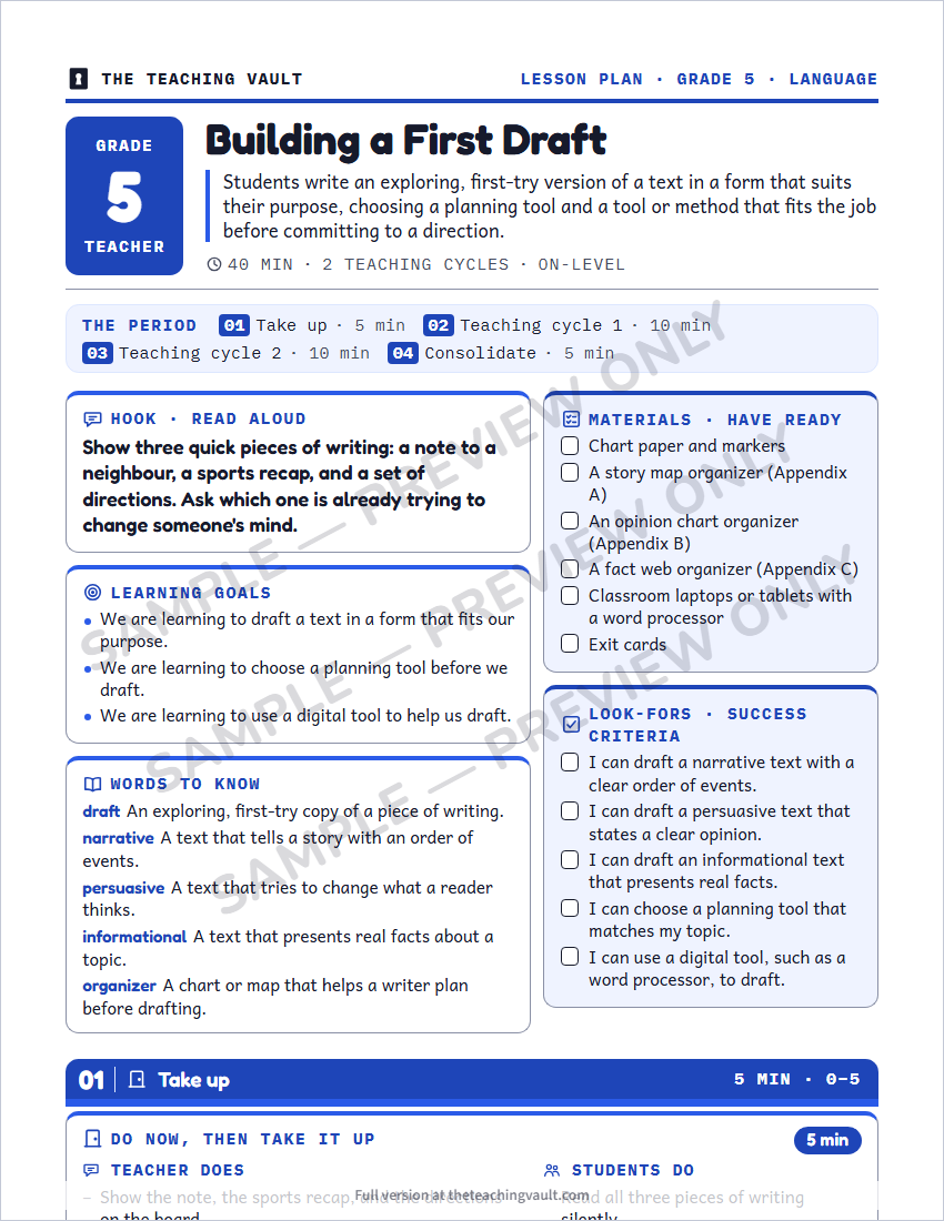 Sample lesson plan page