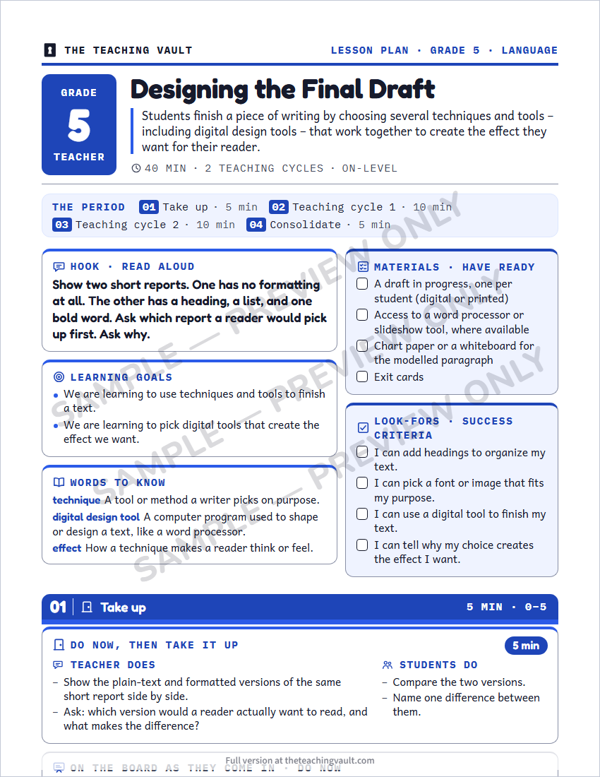 Sample lesson plan page