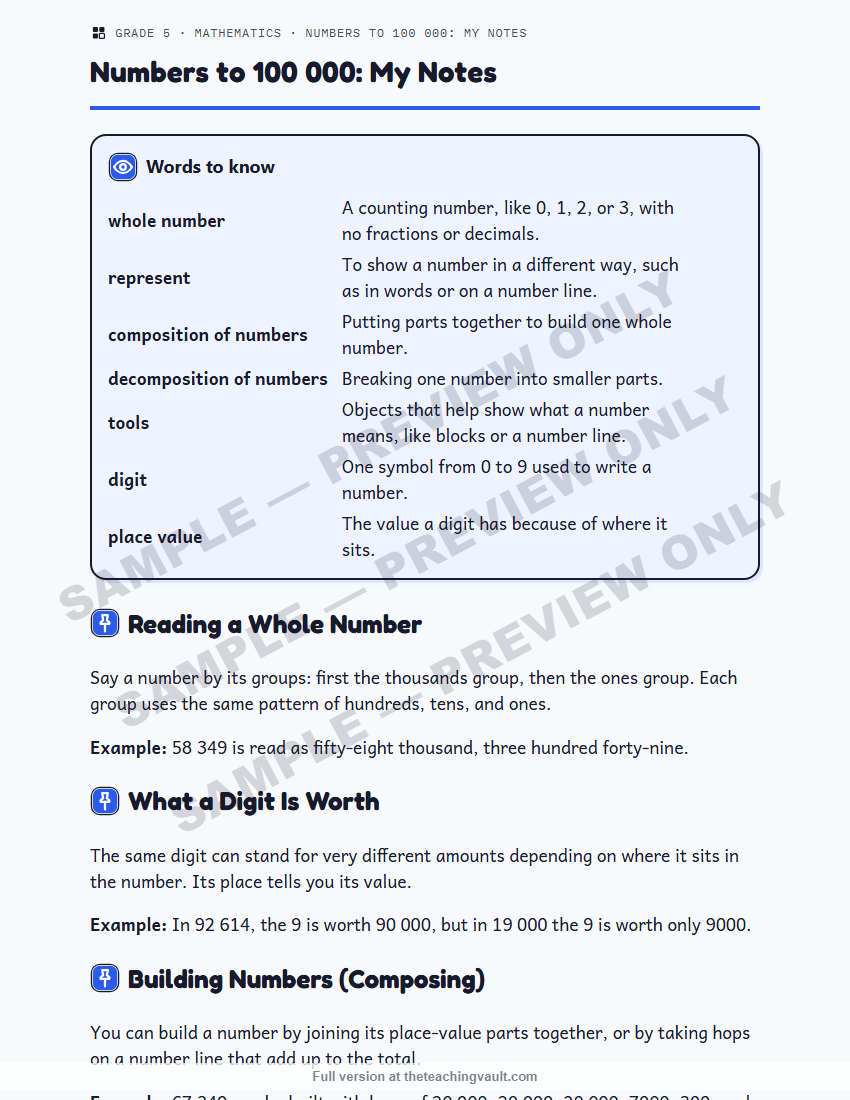 Sample preview: handout page (watermarked, low-resolution) — Grade 5 Mathematics, All Units