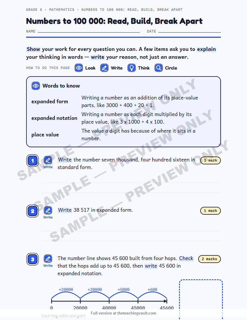 Sample preview: worksheet page (watermarked, low-resolution) — Grade 5 Mathematics, All Units