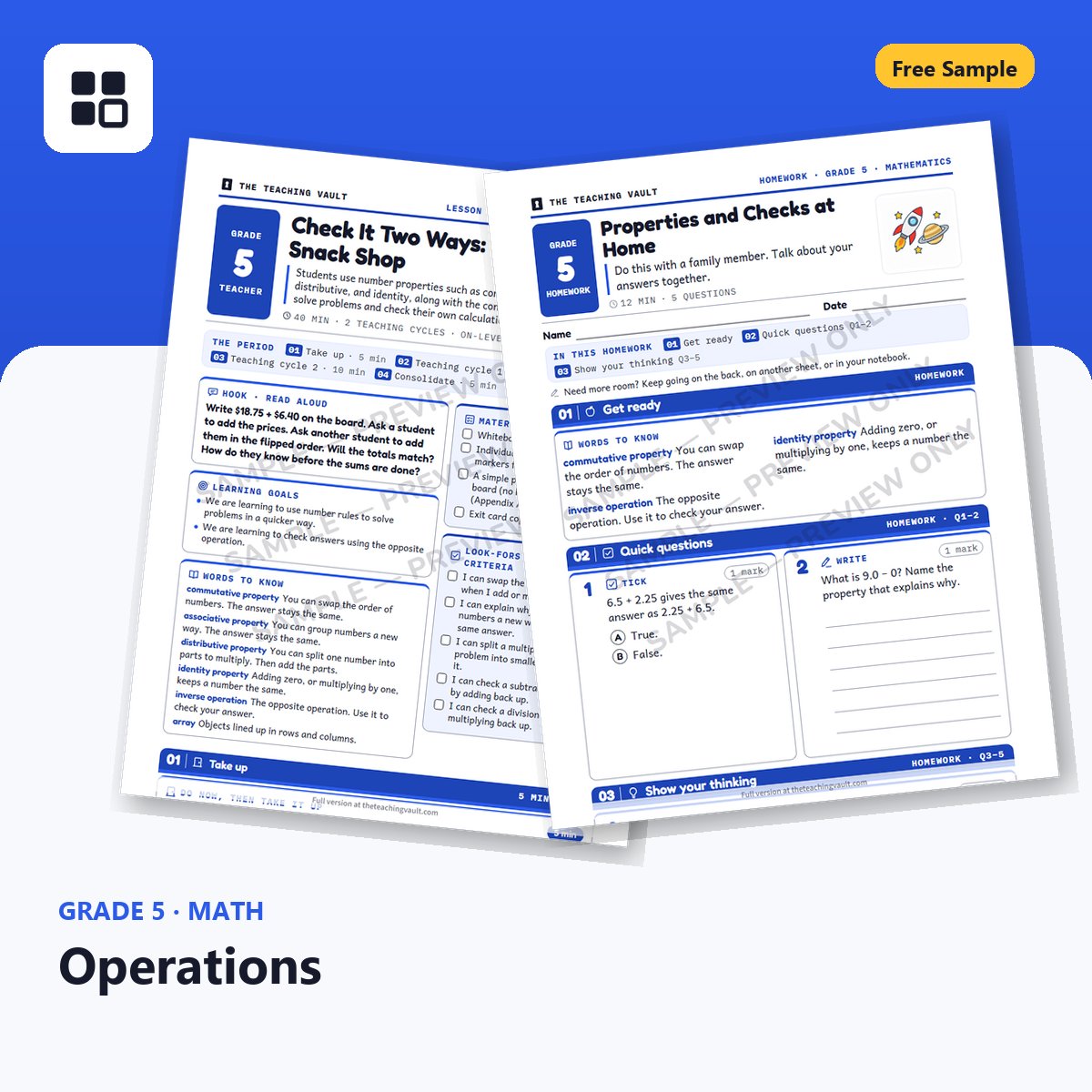 Grade 5 Operations Free Sample cover