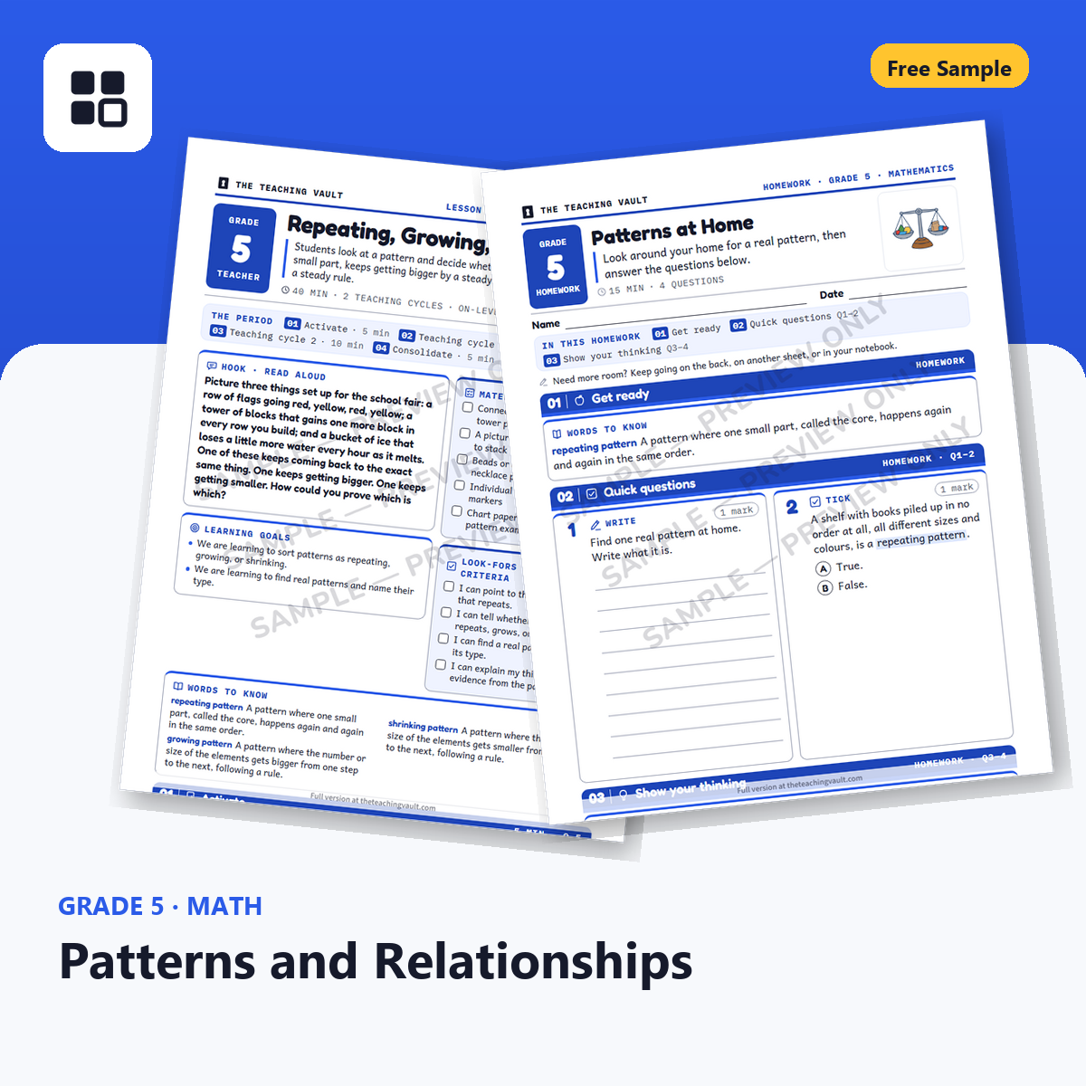 Grade 5 Patterns and Relationships Free Sample cover