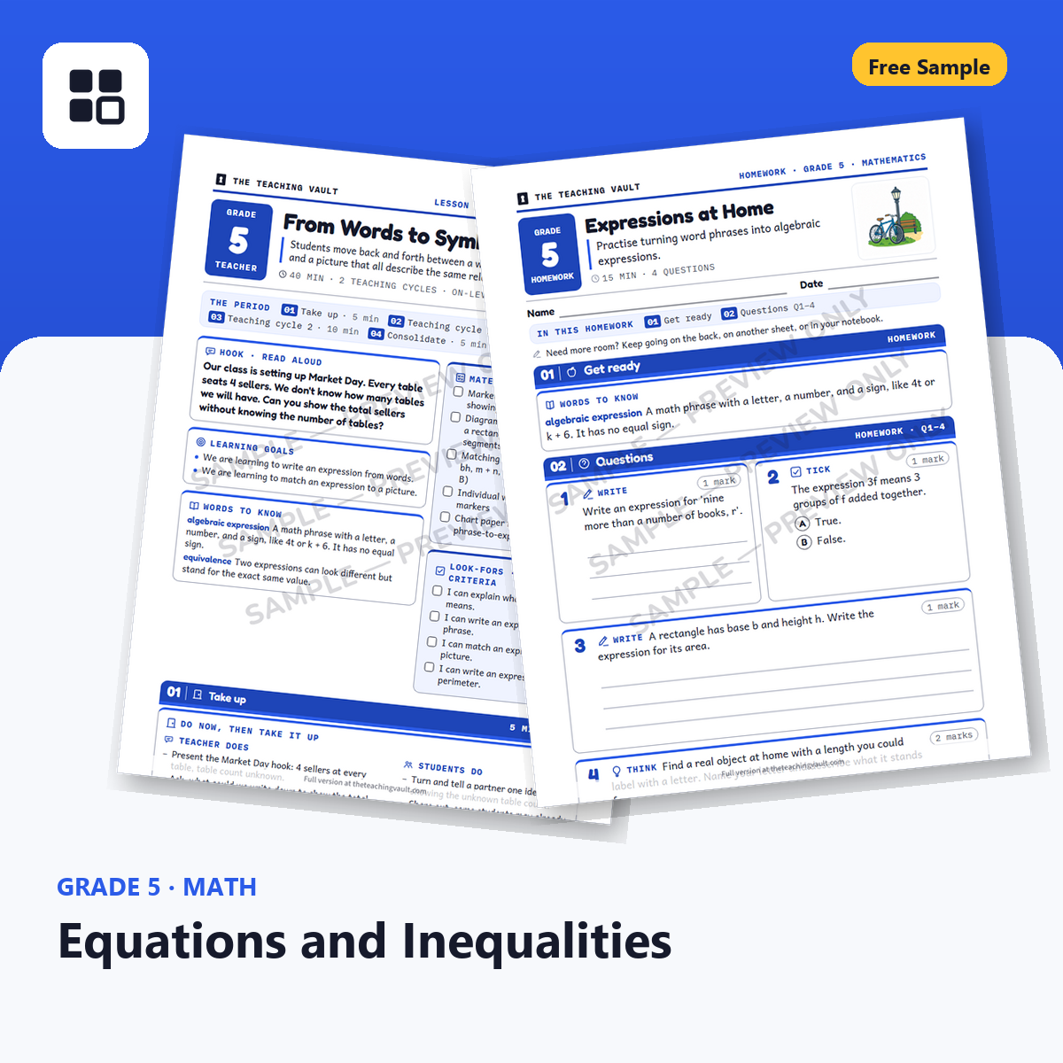 Grade 5 Equations Free Sample cover