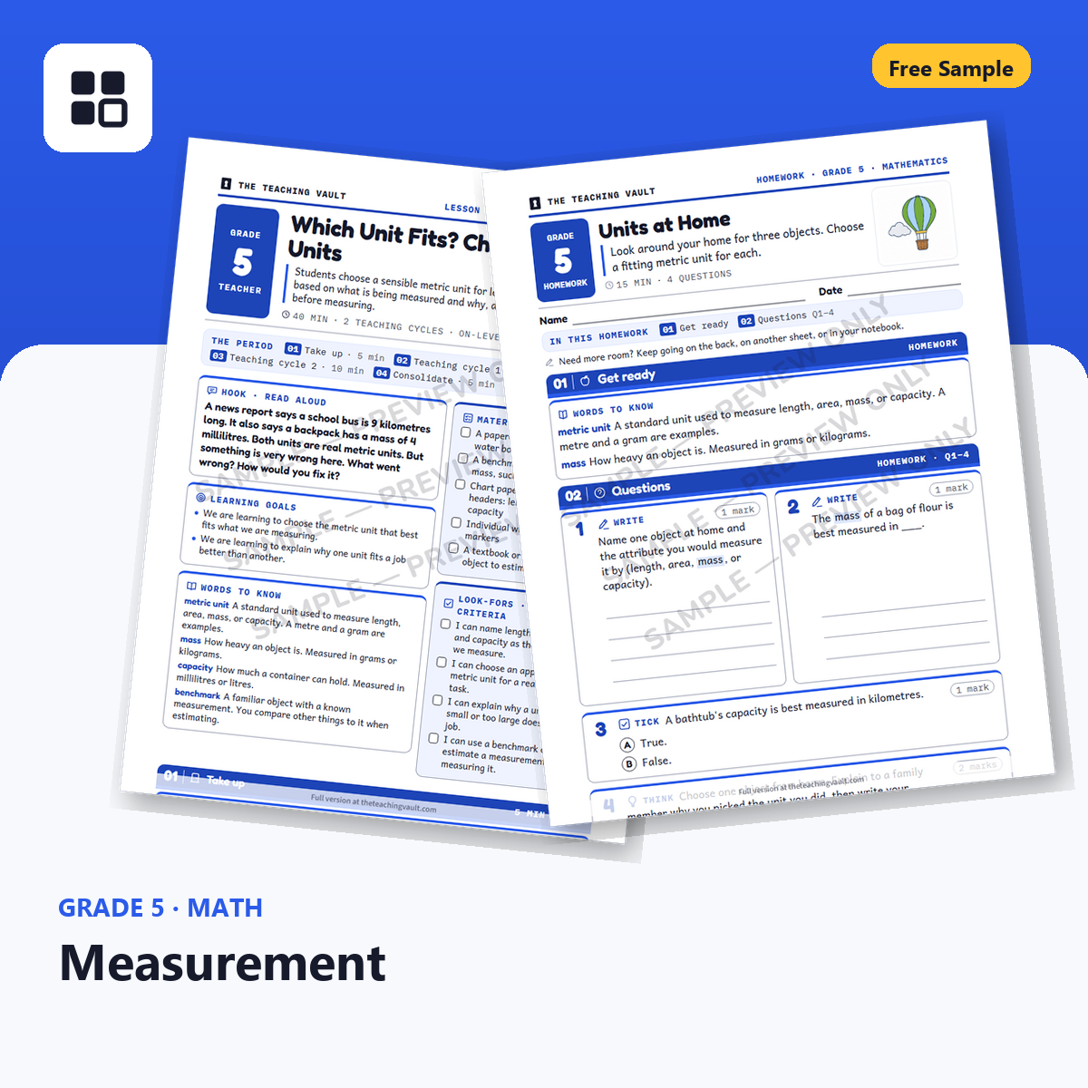 Grade 5 Measurement Free Sample cover