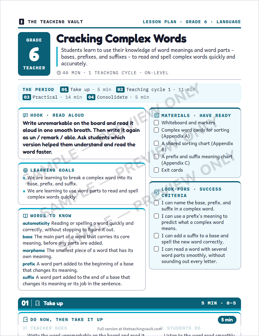 Sample lesson plan page