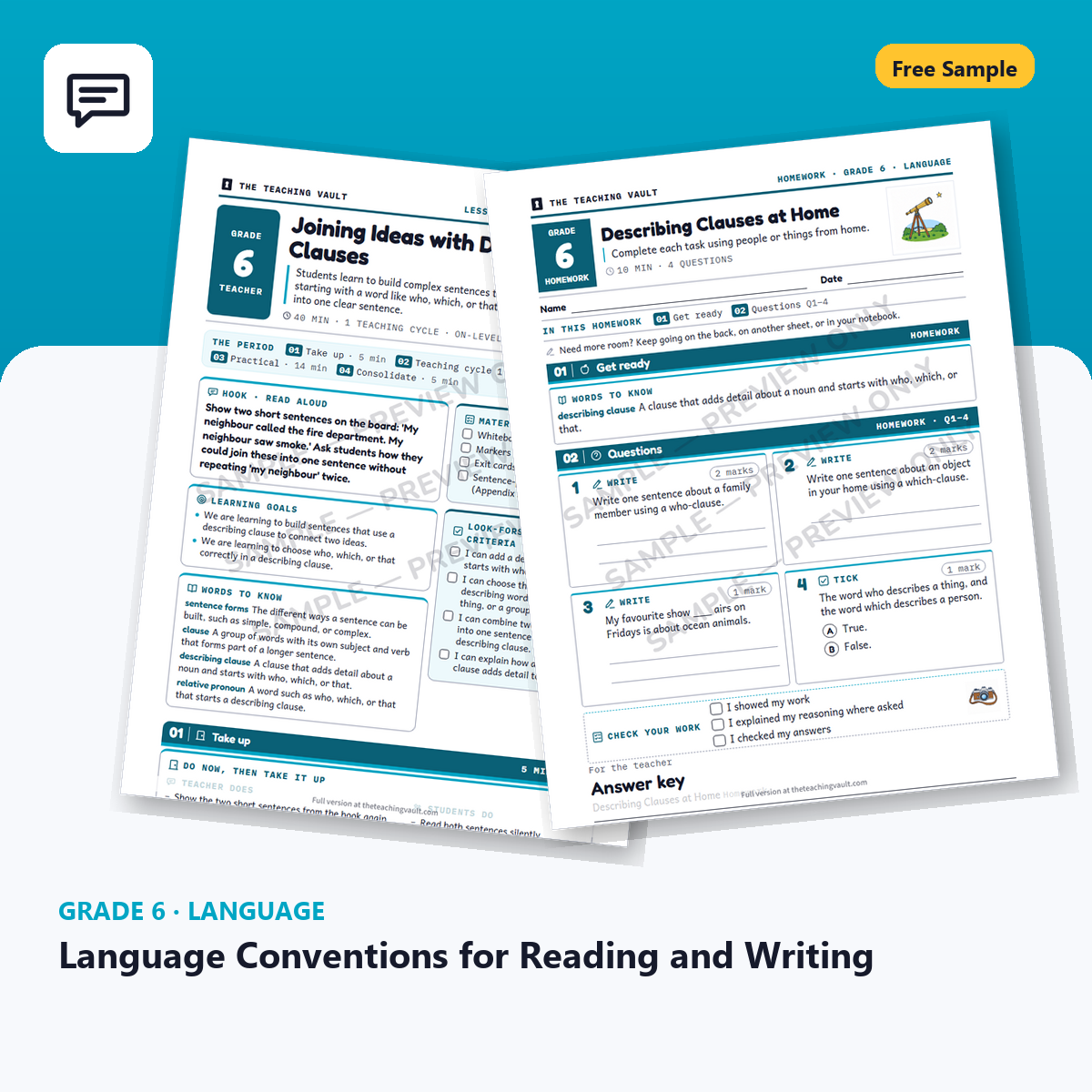 Grade 6 Language Conventions for Reading and Writing — Free Sample Lesson cover