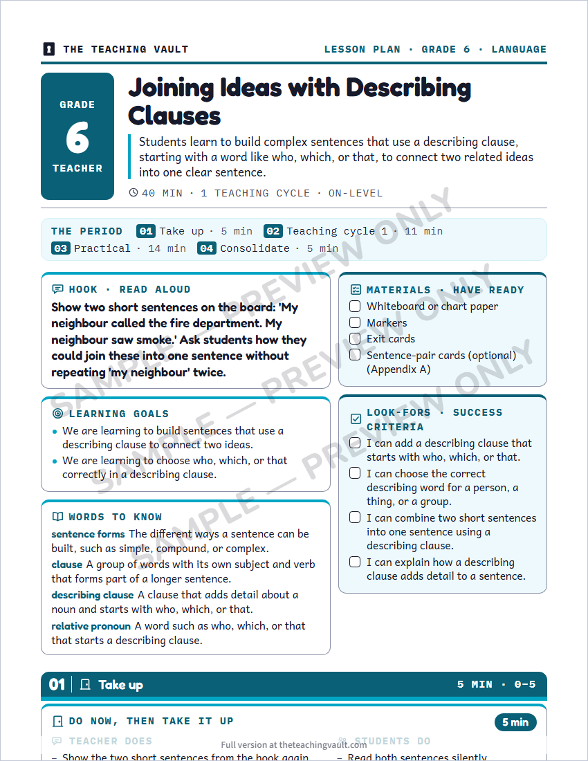 Sample lesson plan page