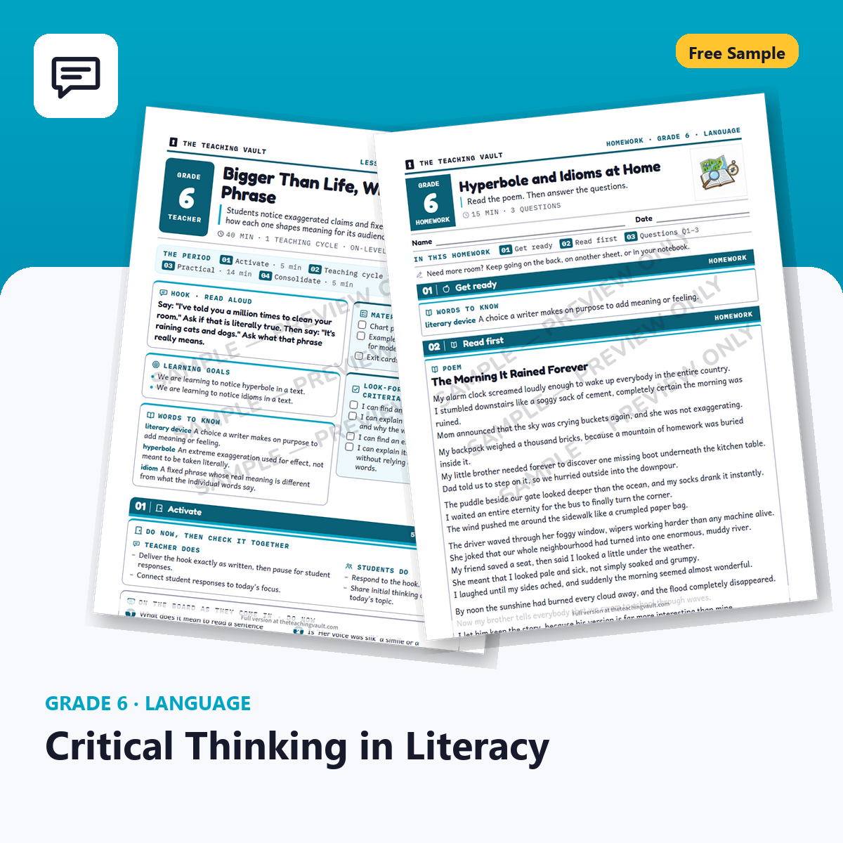 Grade 6 Critical Thinking In Literacy Free Sample cover