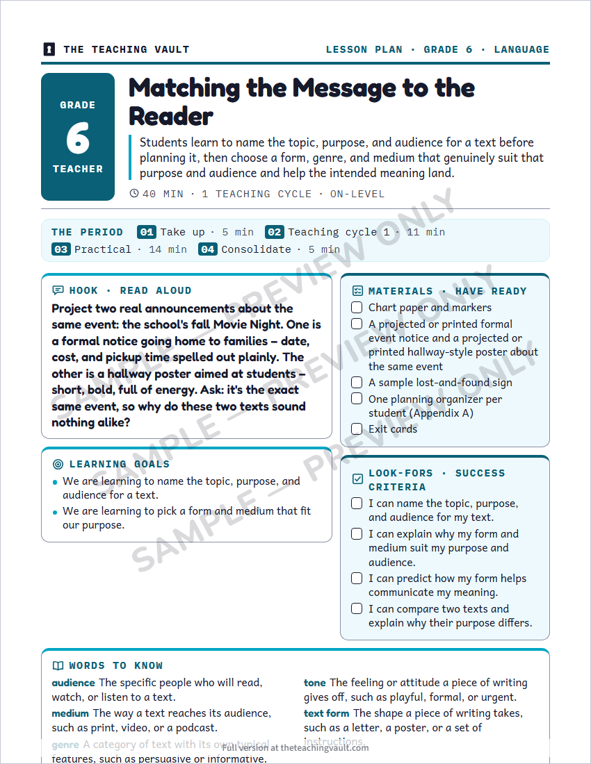 Sample lesson plan page